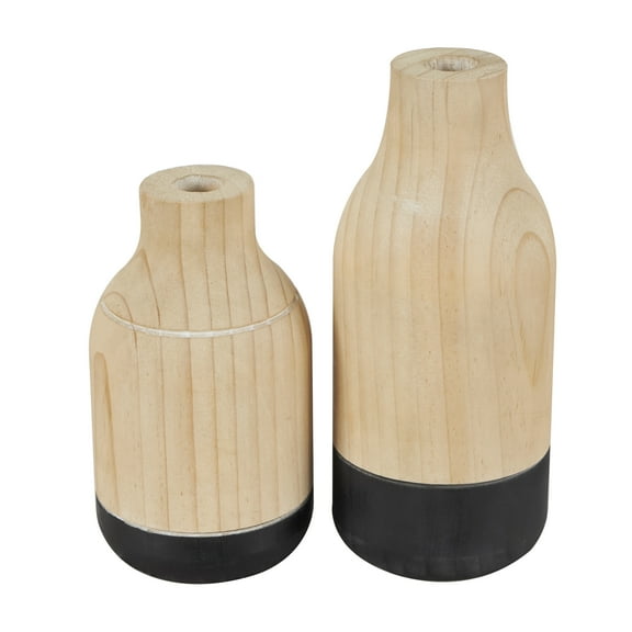 DecMode 9", 7"H Colorblock Light Brown Wood Vase with Black Bases, Set of 2