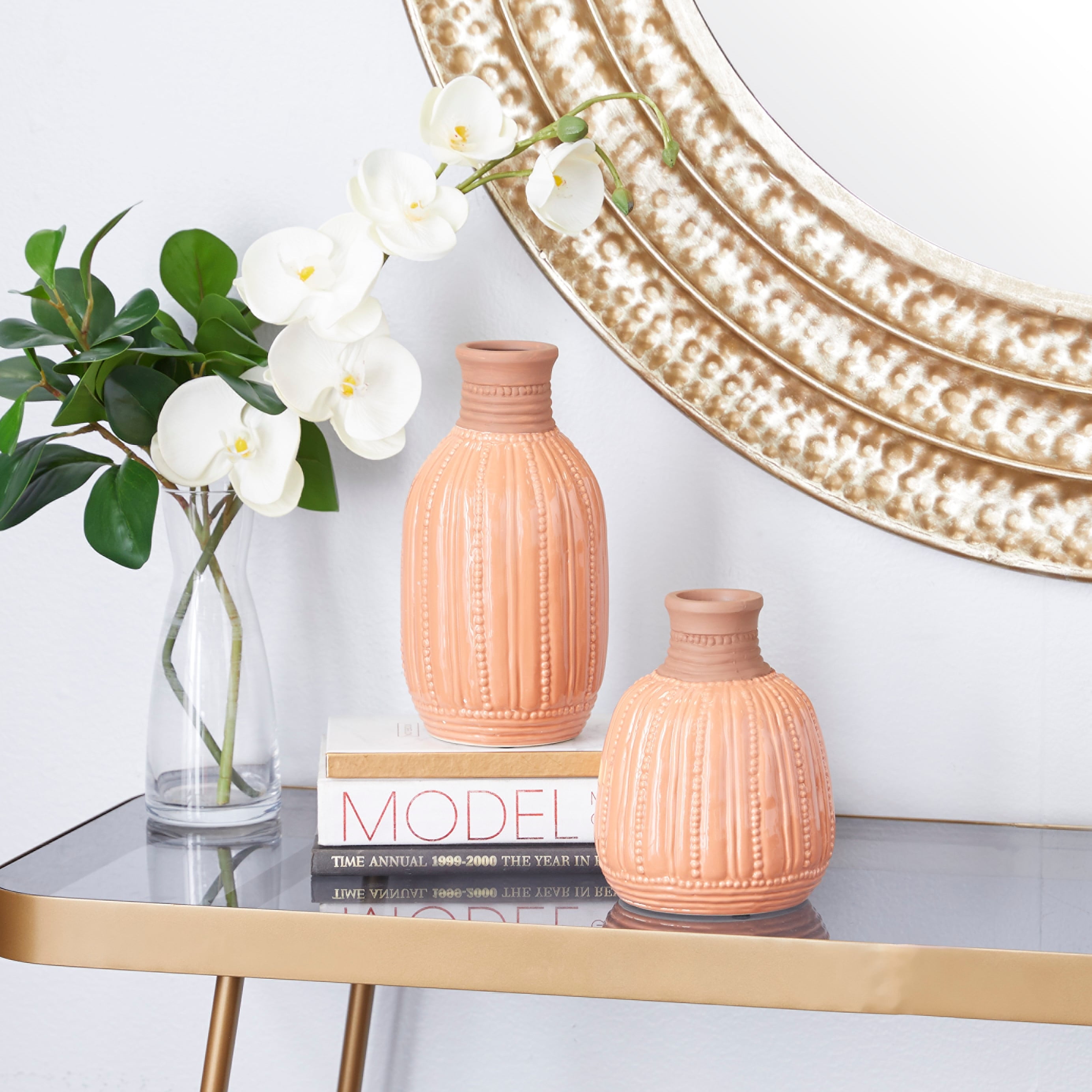 Handmade Orange Ceramic Vase Set with Beaded Details