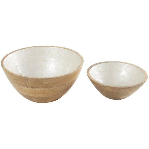 DecMode 9", 7"W Handmade Round Nesting Cream Mango Wood Decorative Bowl, Set of 2