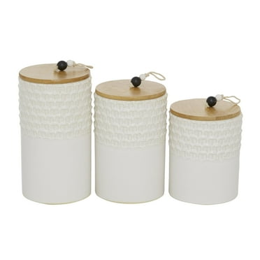 DecMode 9", 8", 7"H White Ceramic Textured Decorative Jars with Wood Lids and Beaded Accents, 3-Pieces
