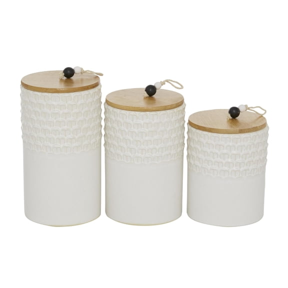 DecMode 9", 8", 7"H White Ceramic Textured Decorative Jars with Wood Lids and Black Beaded Accents, 3-Pieces