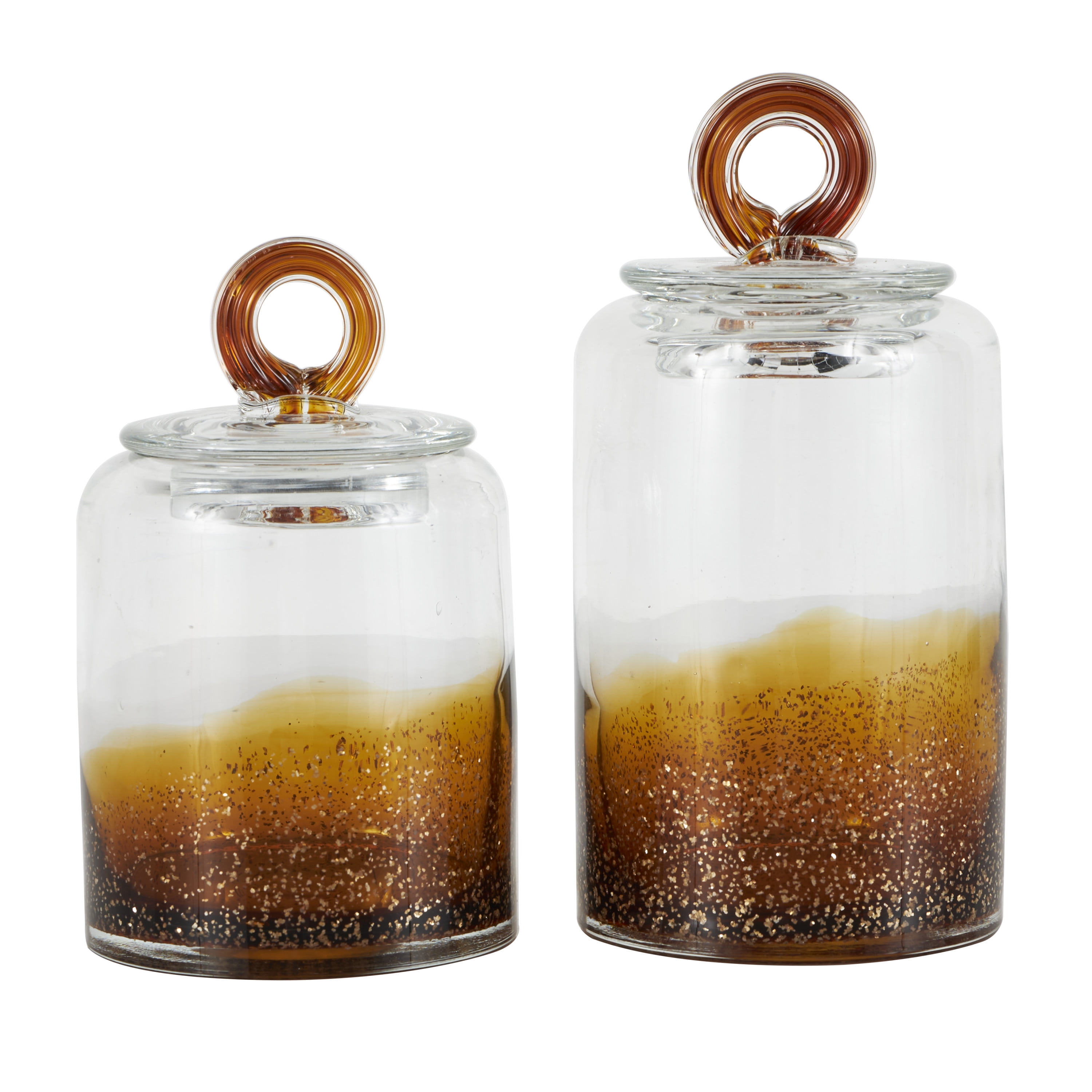 DecMode 9", 8"H Brown Glass Handmade Decorative Jars with Gold Flake Details and Ring Lids, 2-Pieces