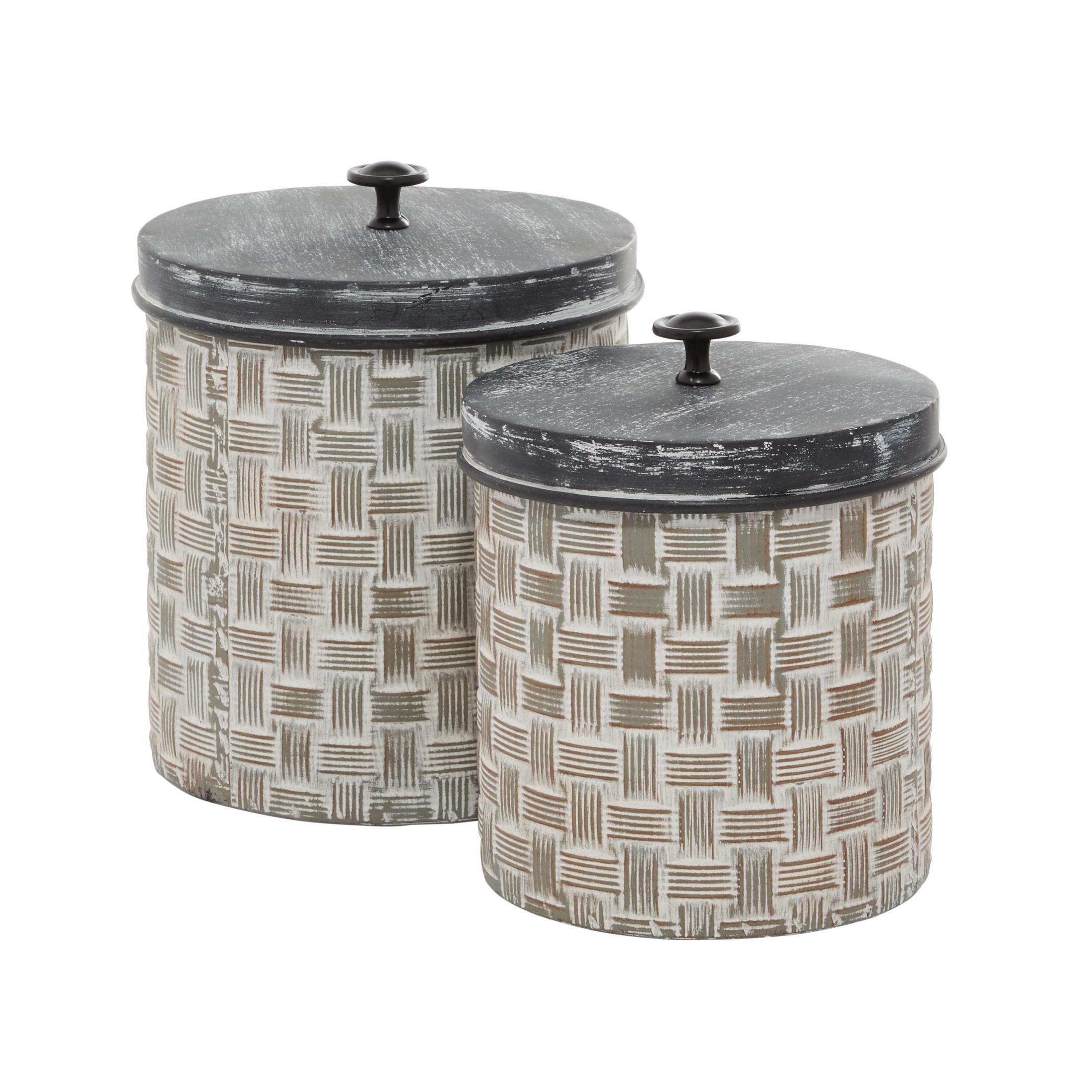 DecMode 9", 8"H Brown Metal Decorative Jars with Weave Inspired Pattern, 2-Pieces