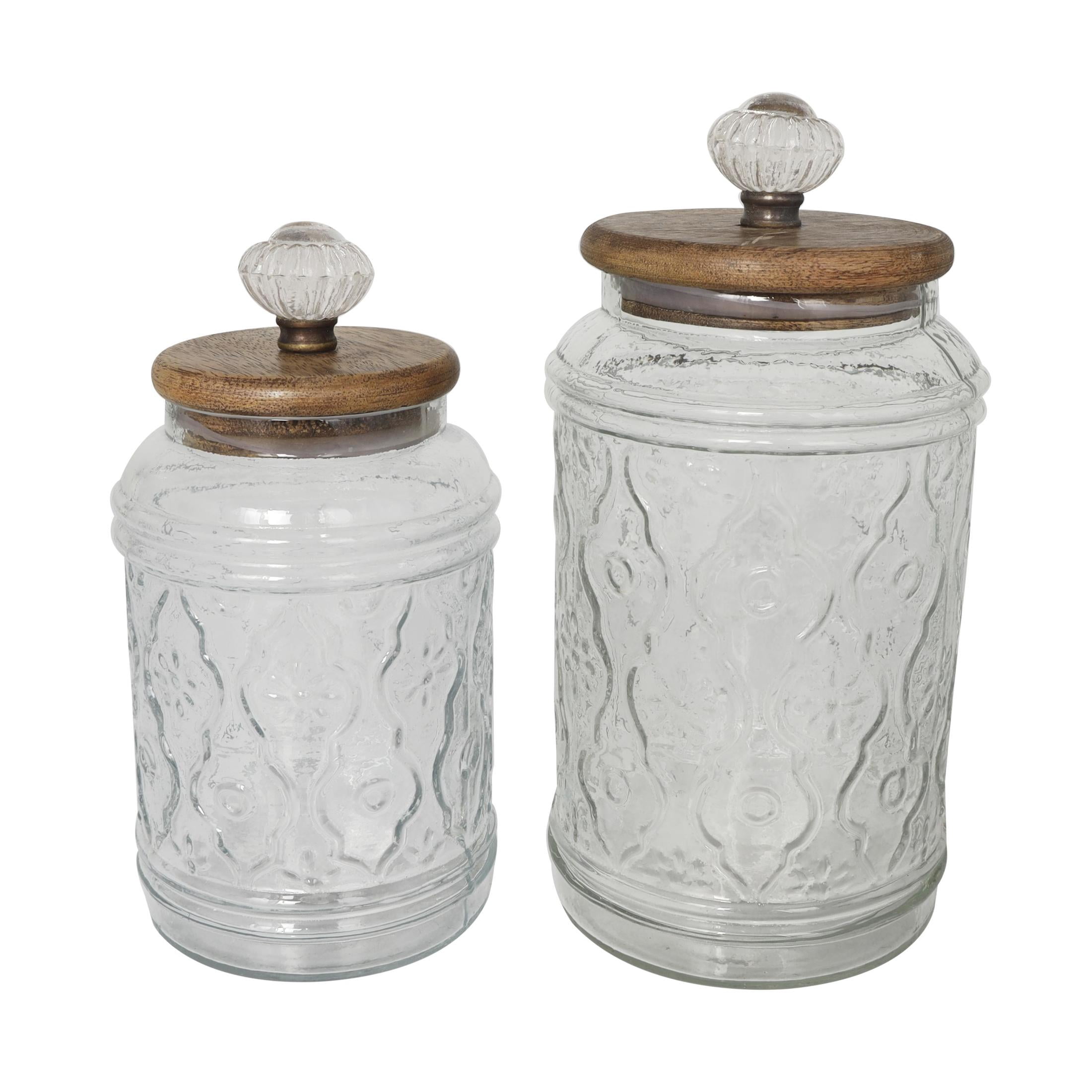DecMode 9", 8"H Clear Glass Floral Decorative Jars with Brown Wooden Lids and Antique Style Knobs, 2-Pieces
