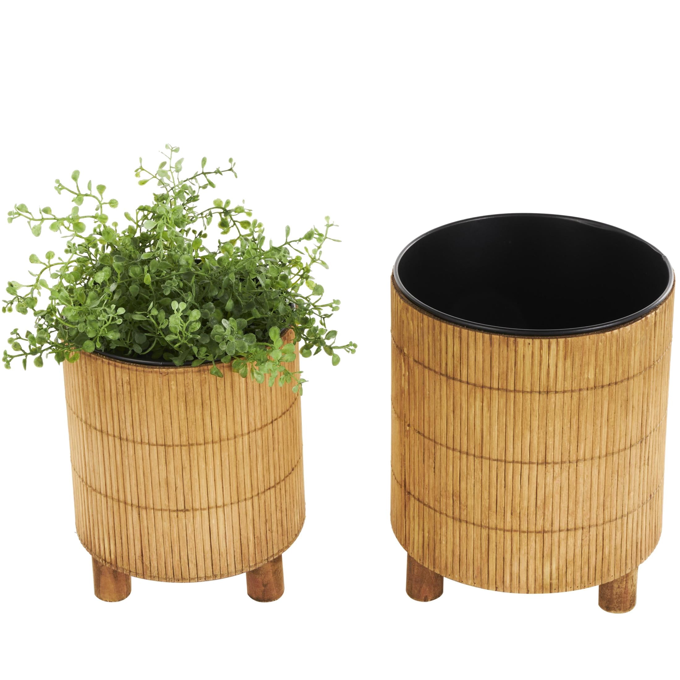 DecMode 9", 8"H Handmade Brown Bamboo Wood Planter with Black Metal Interior (2 Count)