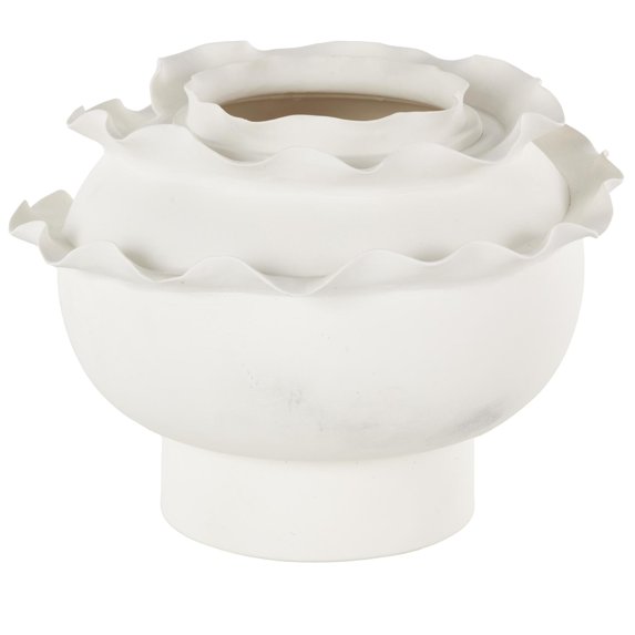 DecMode 9" Abstract Wide Rounded Floral Inspired White Ceramic Vase with Layered Petals