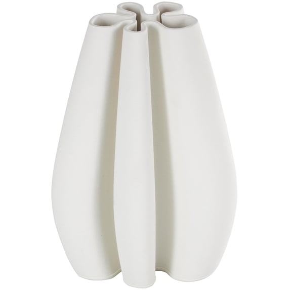 DecMode 9" Abstract Ribbed Dimensional Concaved White Ceramic Vase with Floral Shaped Rim