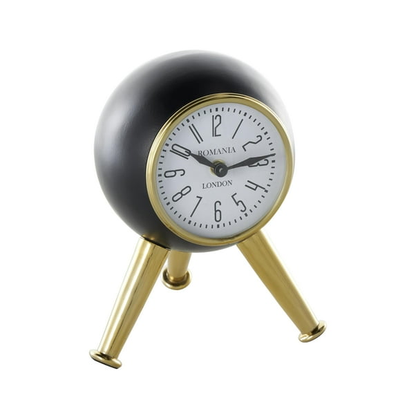 DecMode 9" Black Aluminum Metal Orb Clock with White Clockface and Gold Tripod Legs