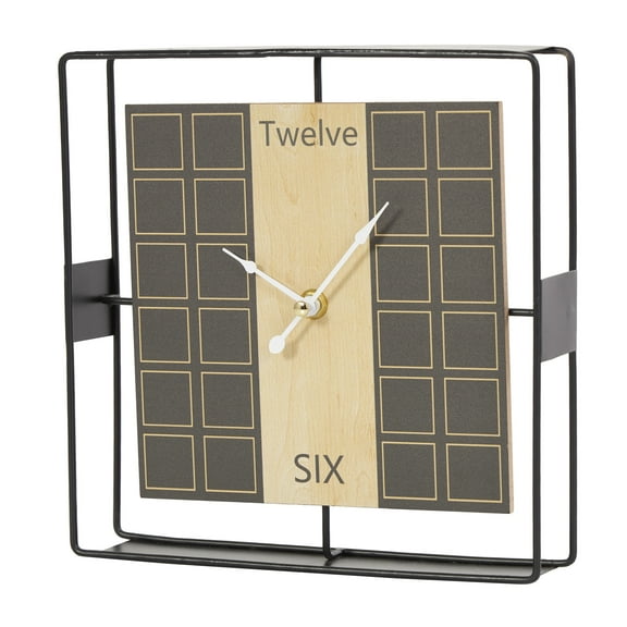 DecMode 9" Black Wooden Geometric Open Frame Square Clock with Grid Pattern