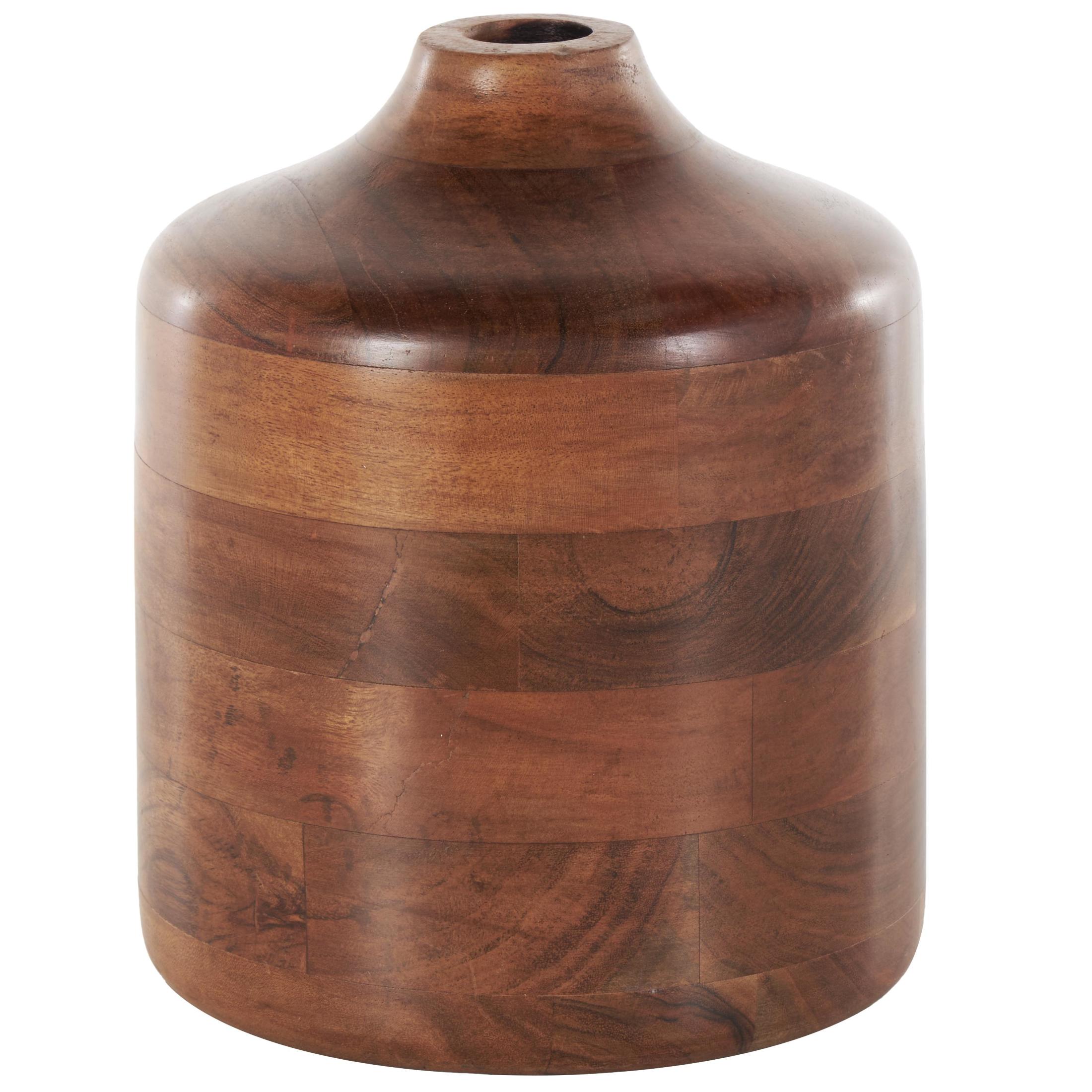 DecMode 9" Brown Wood Vase with Mosaic Strips and Natural Wood Grains