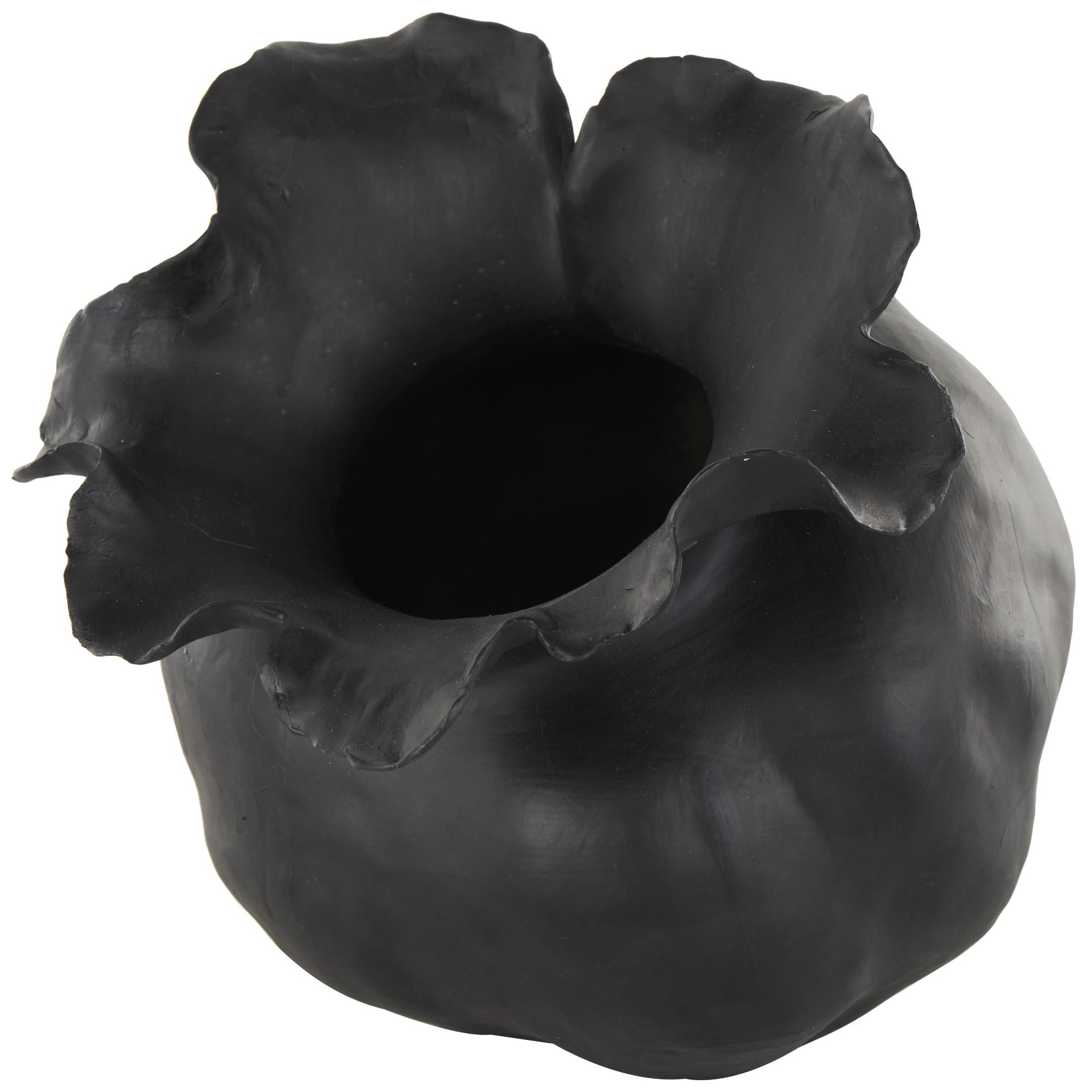 DecMode 9" Abstract Wide Rounded Floral Shaped Black Ceramic Vase with Petal Rim