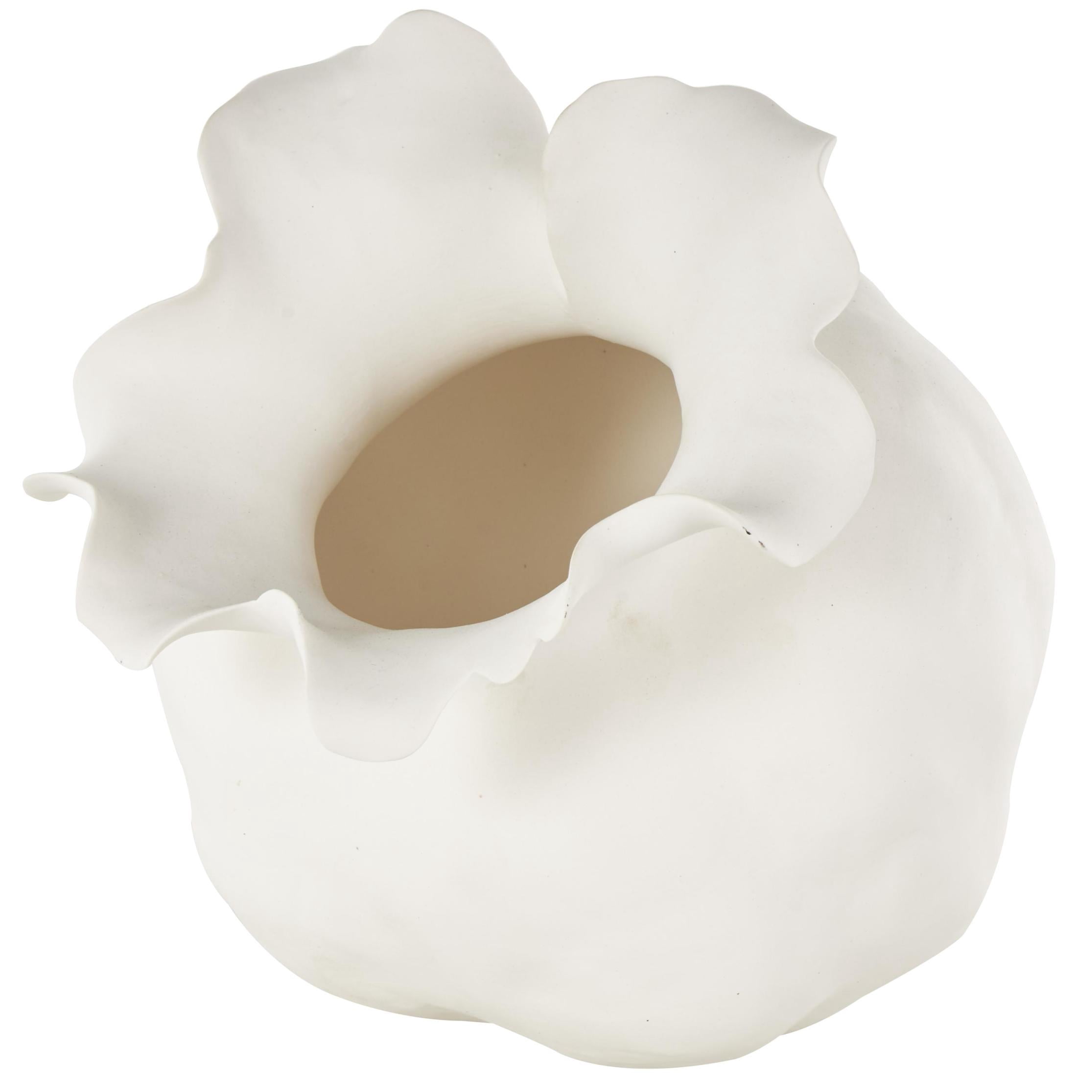 DecMode 9" Abstract Wide Rounded Floral Shaped White Ceramic Vase with Petal Rim