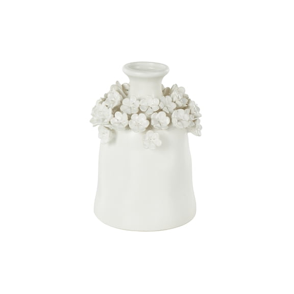 DecMode 9" Floral Round White Ceramic Vase with Narrow Opening