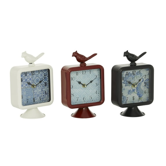 DecMode 9" Multi Colored Metal Bird Clock, Set of 3