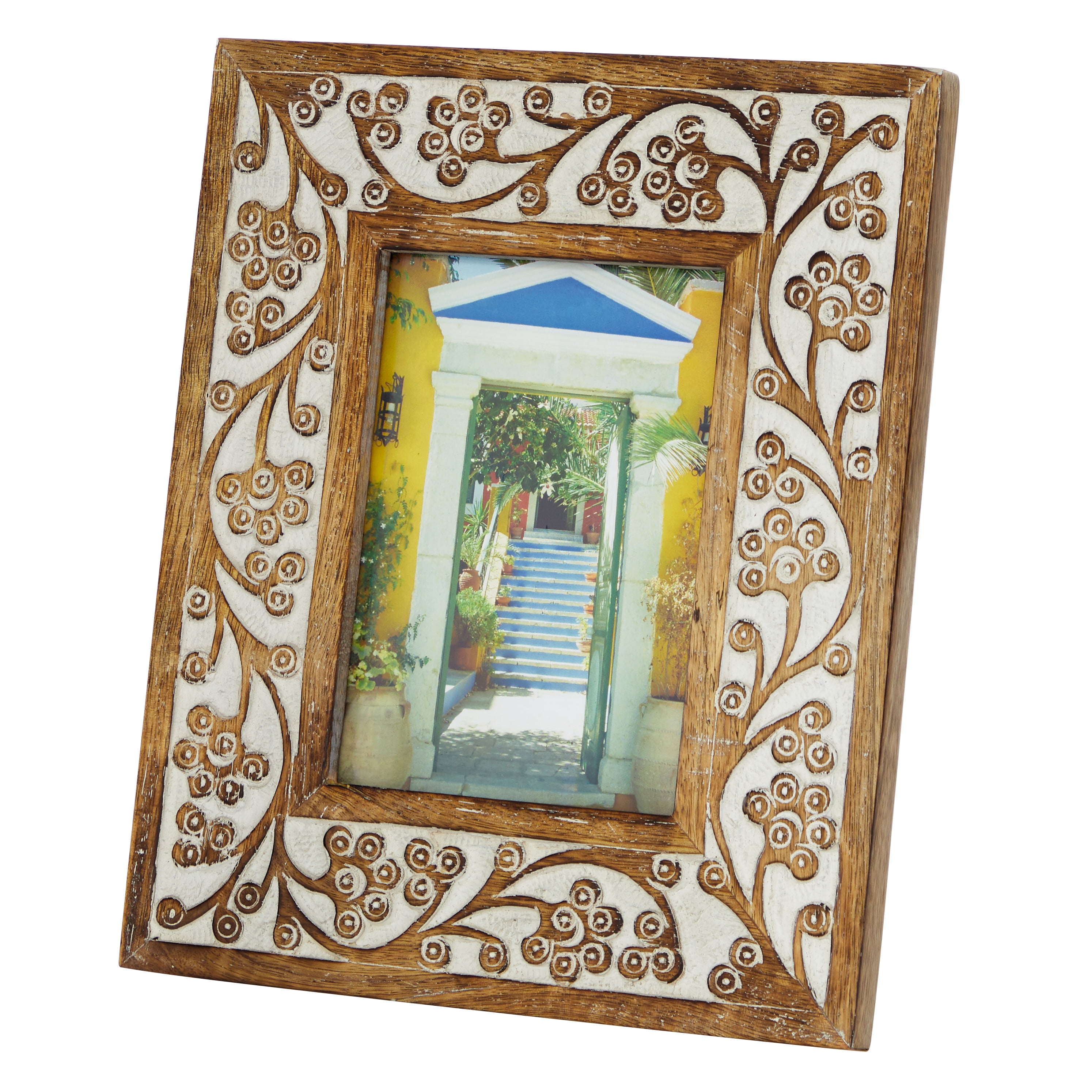 Hand-Carved White and Brown Wood 5x7 Photo Frame