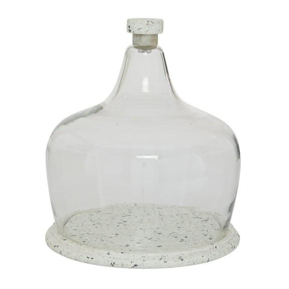 DecMode 9" x 11" White Ceramic Terrazzo Cake Stand with Glass Lid, 1-Piece