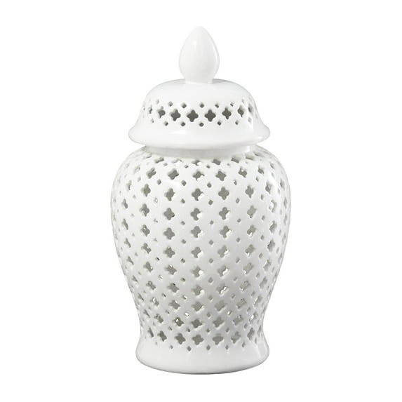 DecMode 9" x 18" White Ceramic Decorative Jars with Geometric Cutout Design and Lid, 1-Piece