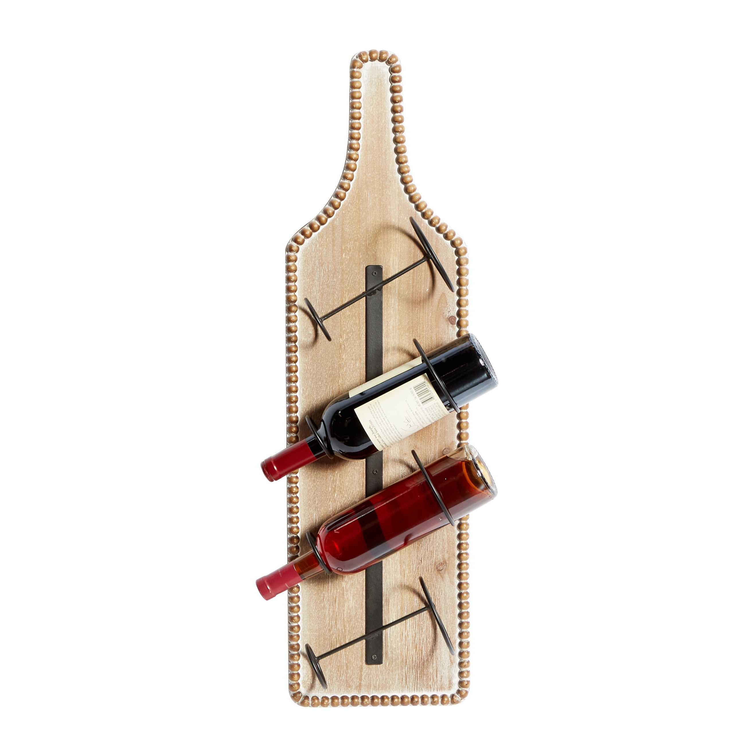 Brown Wood Bottle Shaped Wall Wine Rack with Beaded Frame