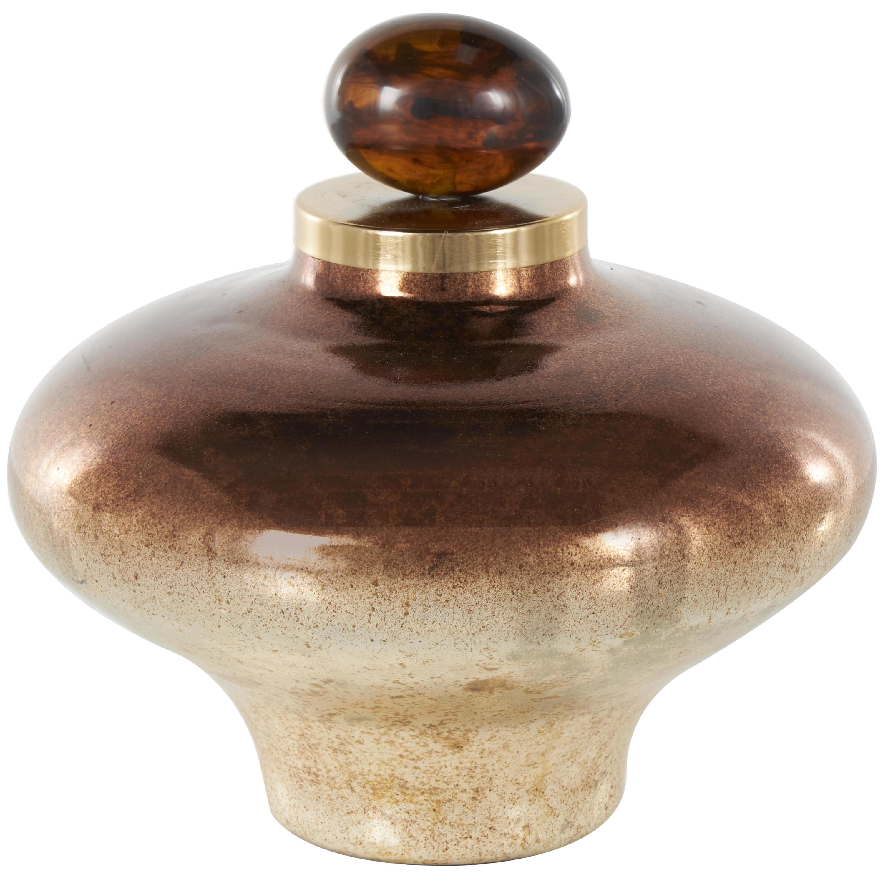 DecMode 9" x 9" Copper Glass Wide Speckled Ombre Decorative Jars with Oval Top Knob and Gold and Beige Accents, 1-Piece