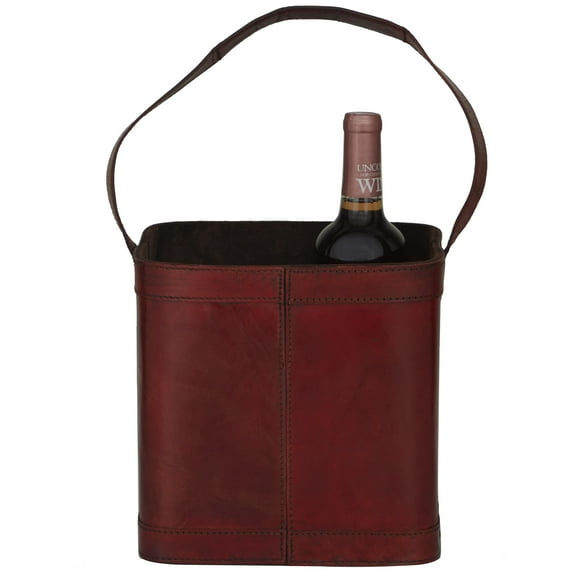 DecMode 9" x 9" Red Leather 4 Bottles Wine Holder with Carrying Handle, 1-Piece