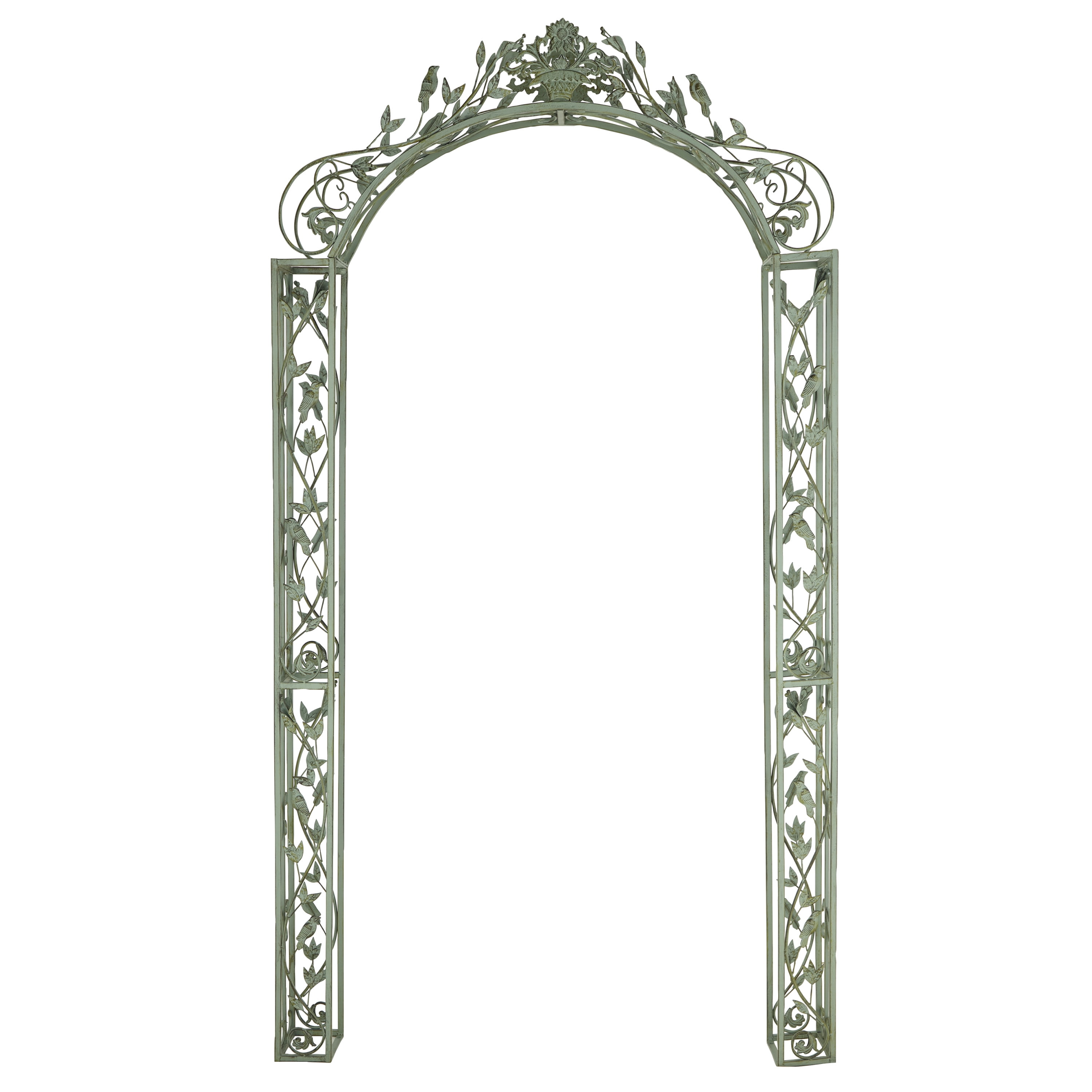 Green Wrought Iron Scrollwork Arched Garden Arbor with Bird Sculptures