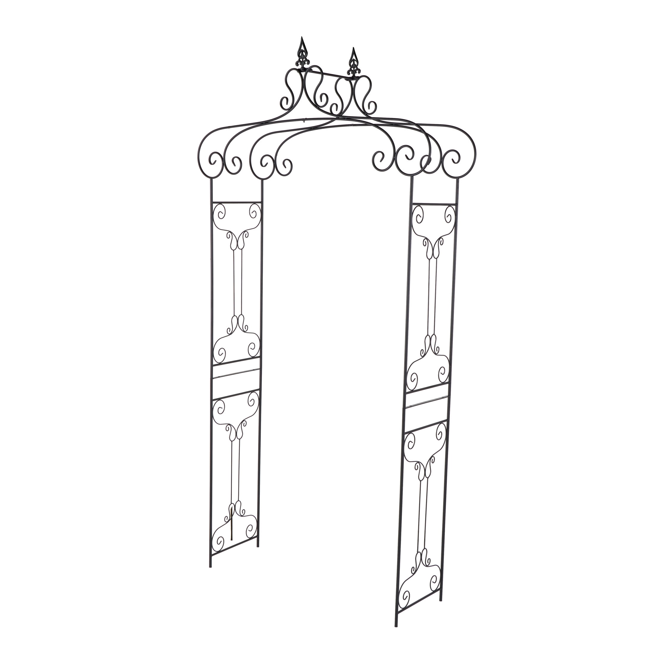 DecMode 95" Indoor Outdoor Arched Black Metal Scroll Garden Arbor with Finial