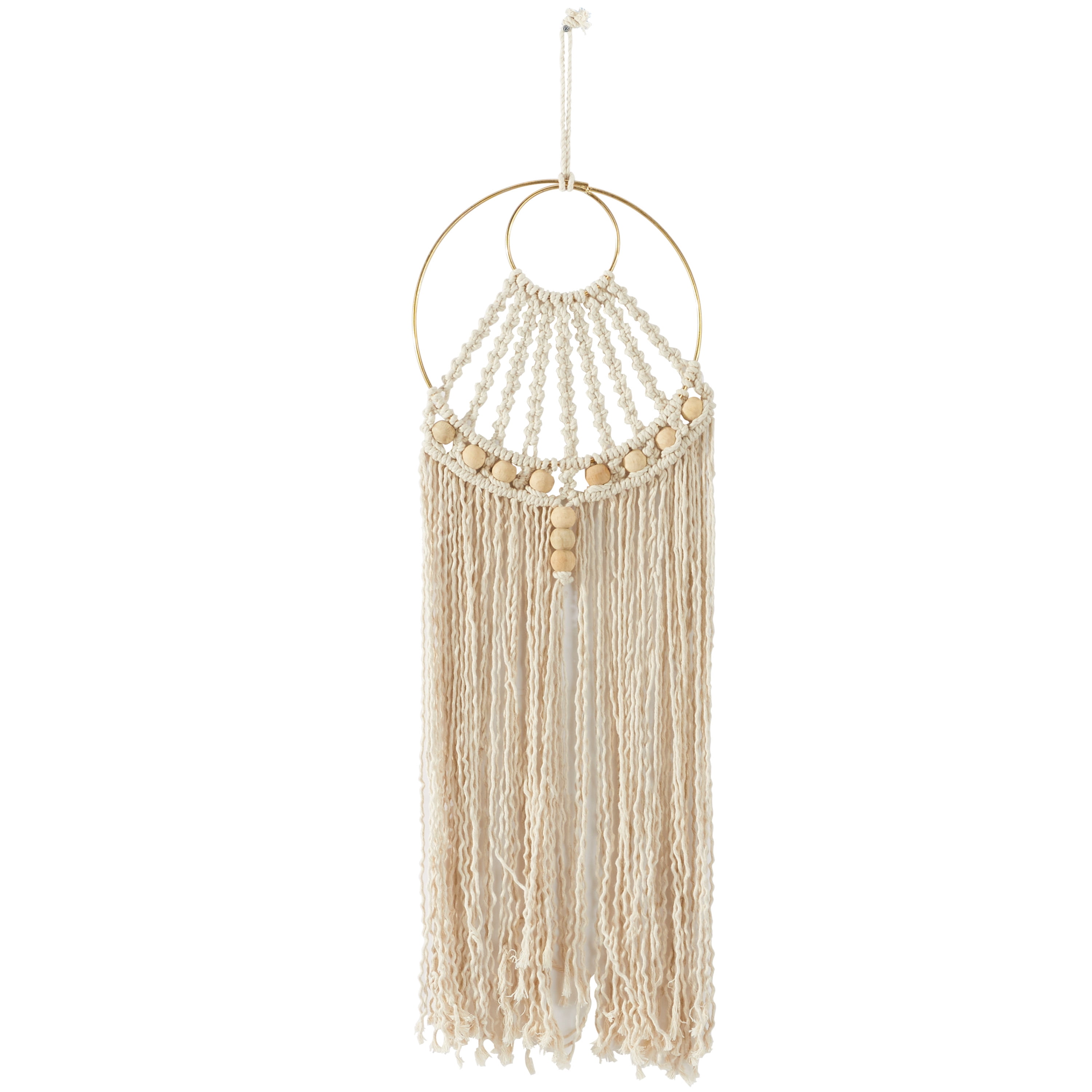 DecMode Beige Cotton Handmade Intricately Weaved Macrame Wall Decor with Beaded Fringe Tassels