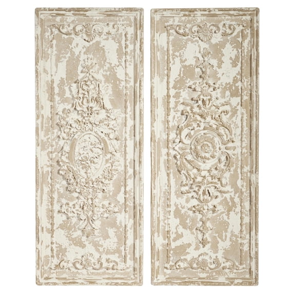 DecMode Beige Fiberclay Ceramic Handmade Carved Arabesque Geometric Wall Decor (2 Count)