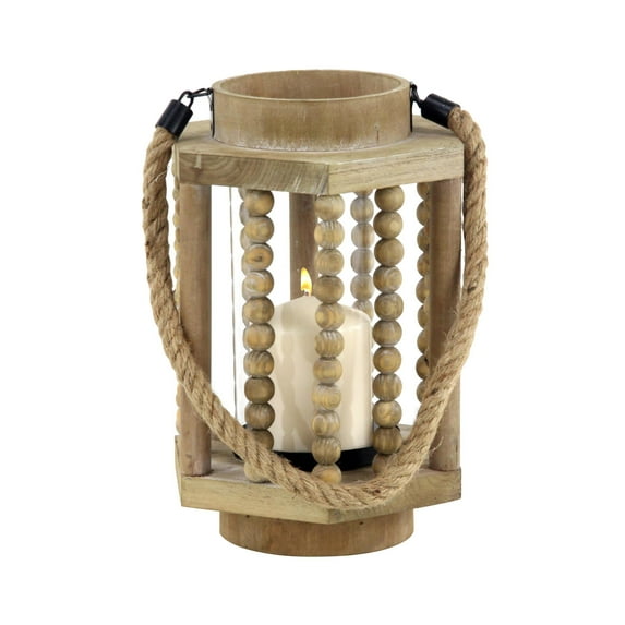 DecMode Beige Reclaimed Wood Beaded Decorative Candle Lantern