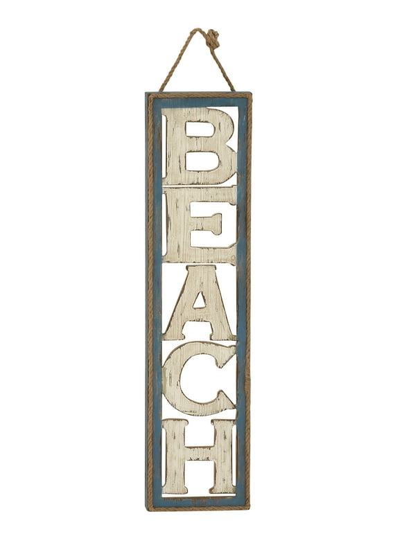 DecMode Beige Wood Beach Sign Wall Decor with Rope Hanger
