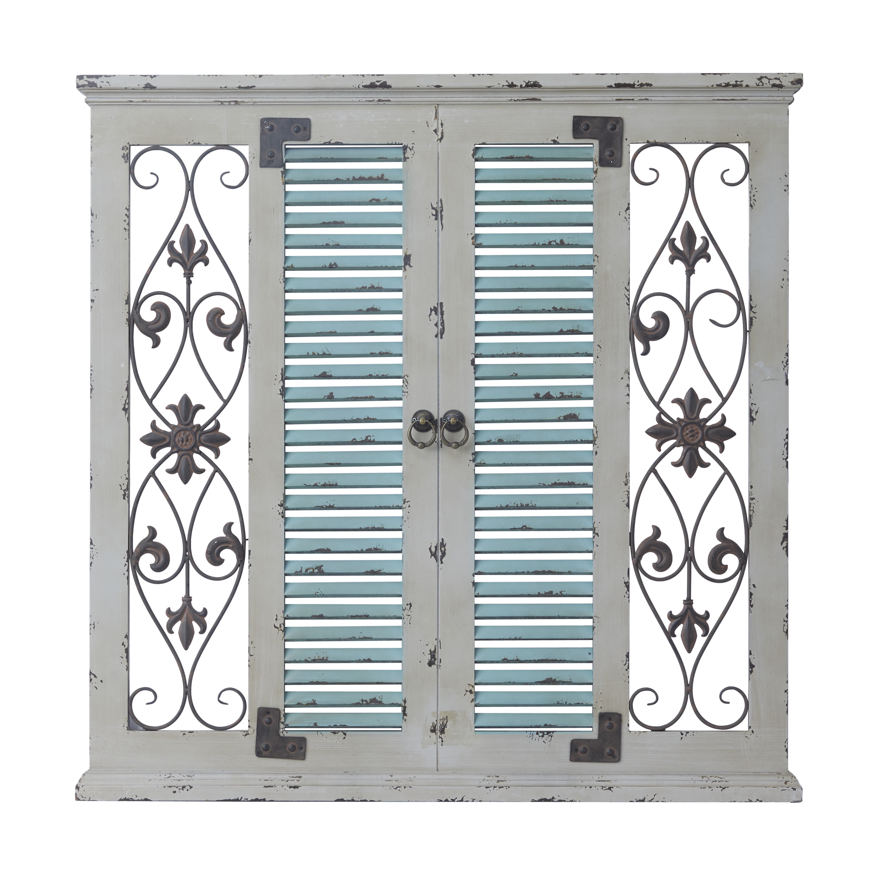 Beige and Blue Wood Metal Window Shutter Wall Decor