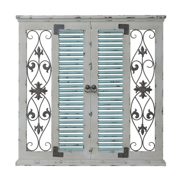 DecMode Beige Wooden Window Shutter Scroll Wall Decor with Metal Scrollwork Relief
