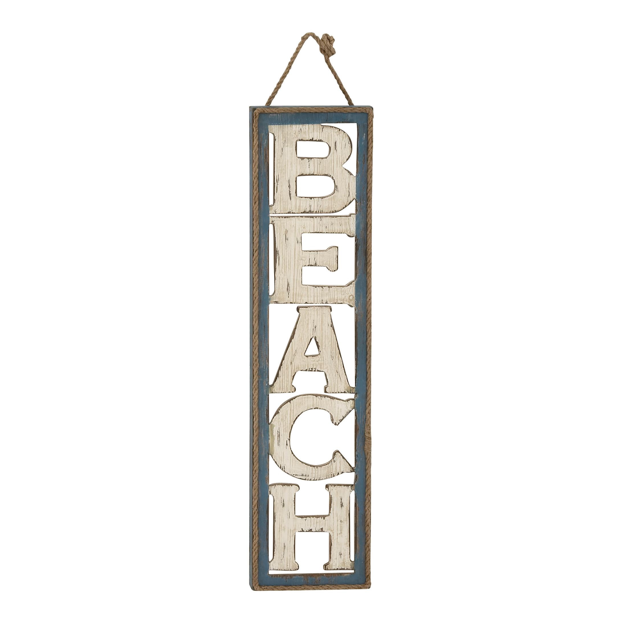 DecMode Beige Wooden Beach Sign Wall Decor with Rope Hanger