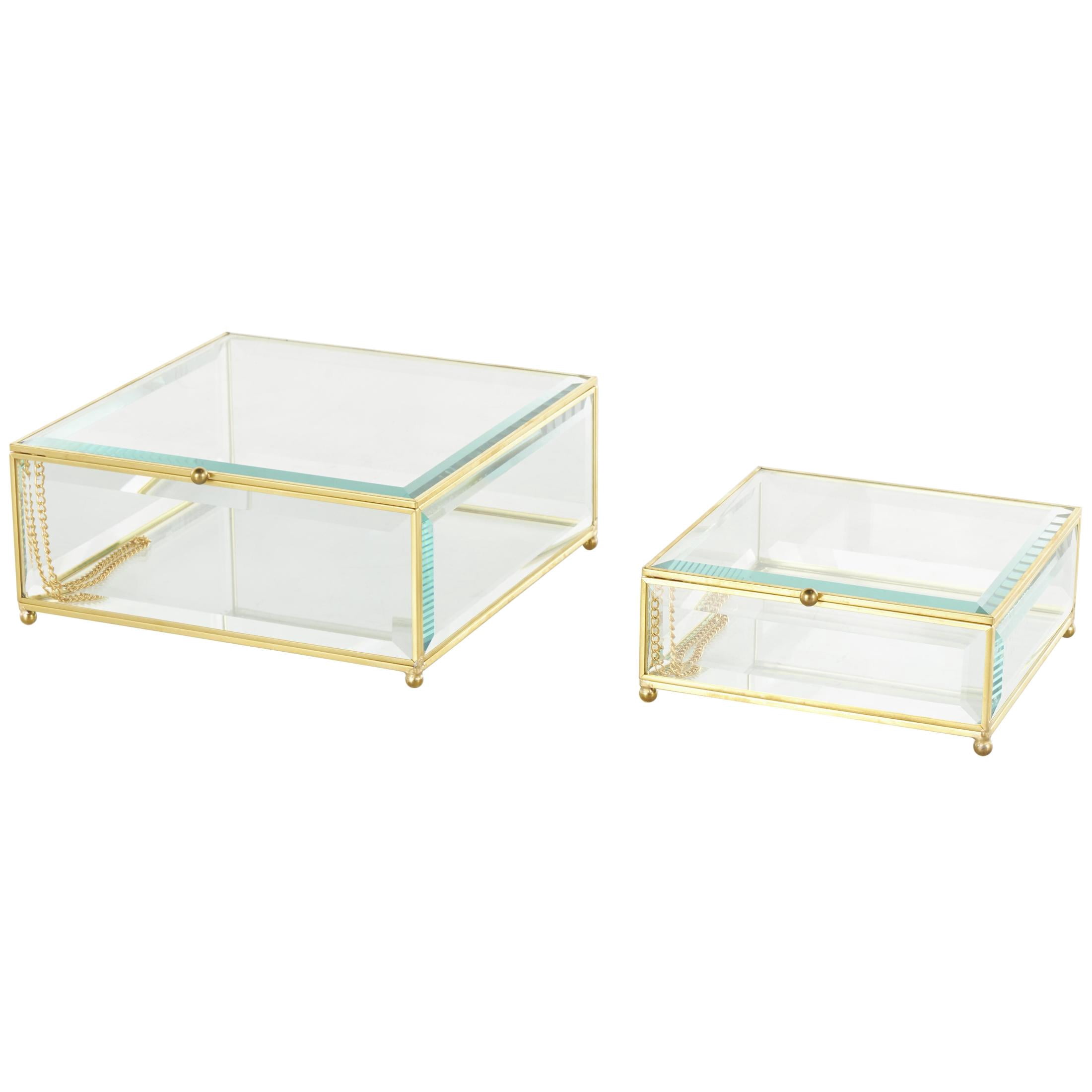 DecMode Beveled Clear Glass Decorative Jewelry Box with Gold Metal Frame and Chain Accent, Set of 2