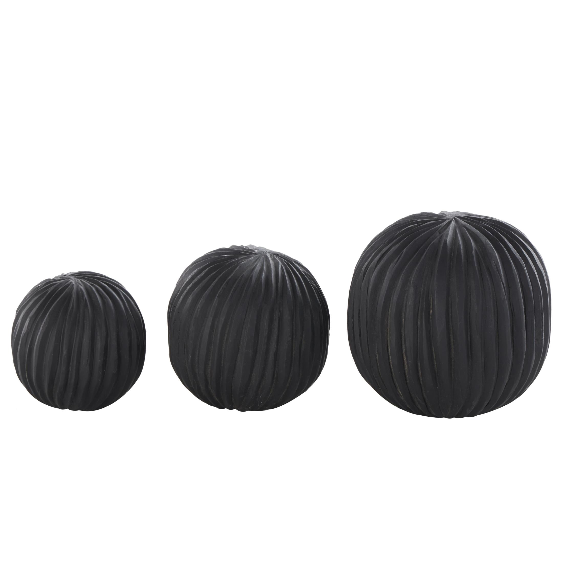 DecMode Black 6" Handmade Carved Textured Teak Wood Orbs & Vase Filler with Wavy Ridges (3 Count)