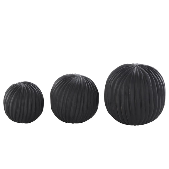 DecMode Black 6" Handmade Carved Textured Teak Wood Orbs & Vase Filler with Wavy Ridges (3 Count)
