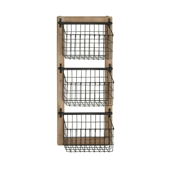 DecMode Black/Brown Farmhouse 3 Tier Hanging Metal Magazine Rack Holder, 14"W x 34"H