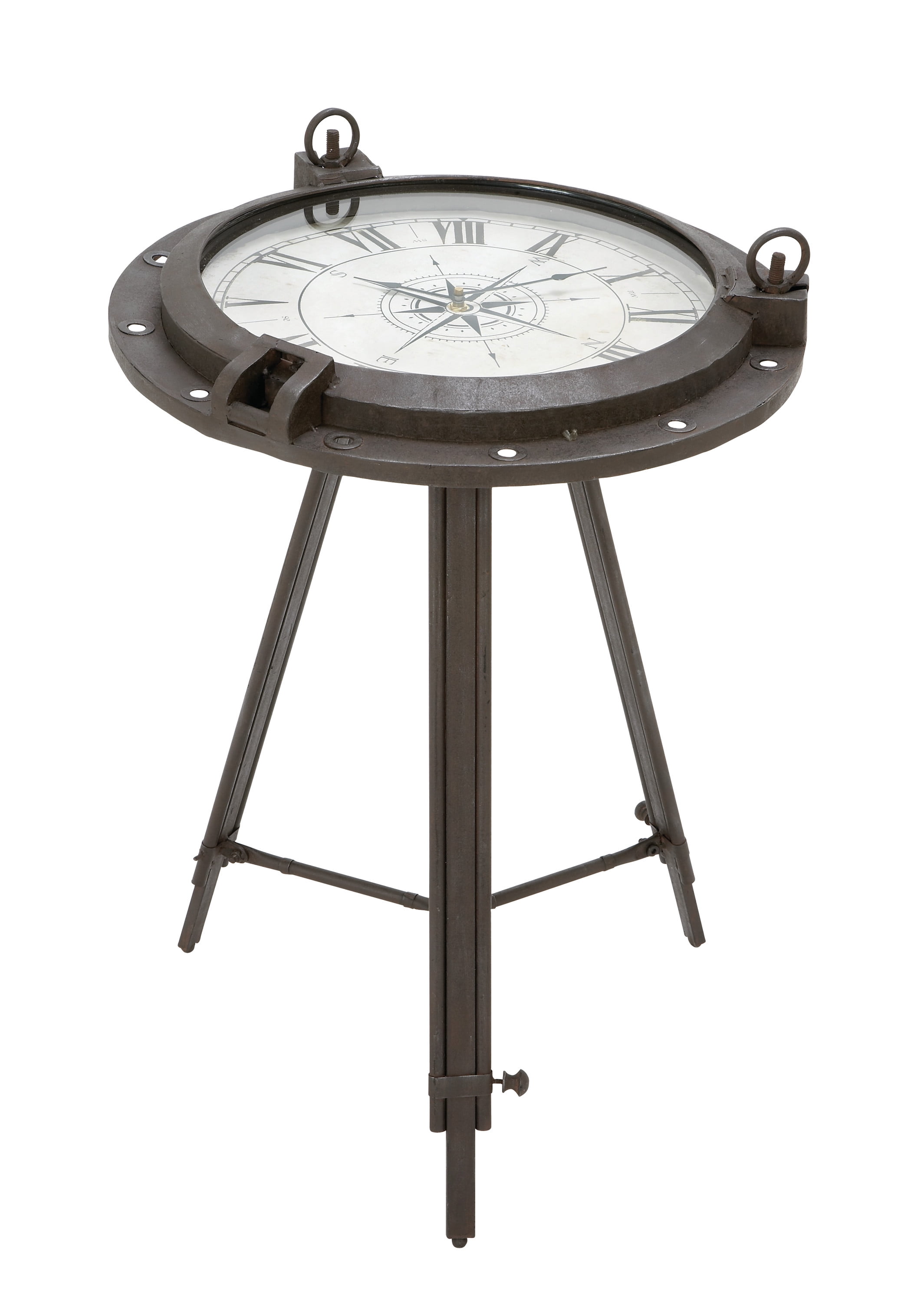 Black Iron Compass Clock Accent Table with Glass Top