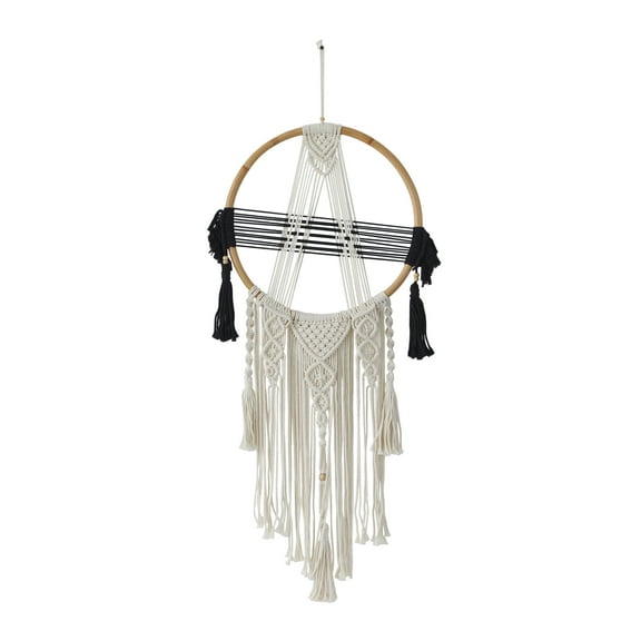 DecMode Black Cotton Handmade Intricately Weaved Macrame Wall Decor with Beaded Fringe Tassels