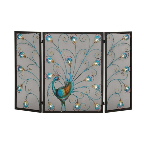 DecMode Black Eclectic Metal Fireplace Screen with Colorful Peacock Detail and Iron Frame, 48"W x 32"H