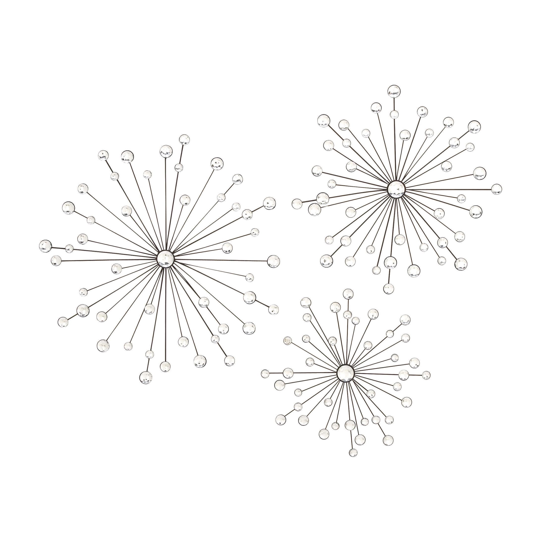 DecMode Black Glam Metal Starburst Design with Round Acrylic Jewel Accent Wall Décor, Set of 3 16", 20", 24" H