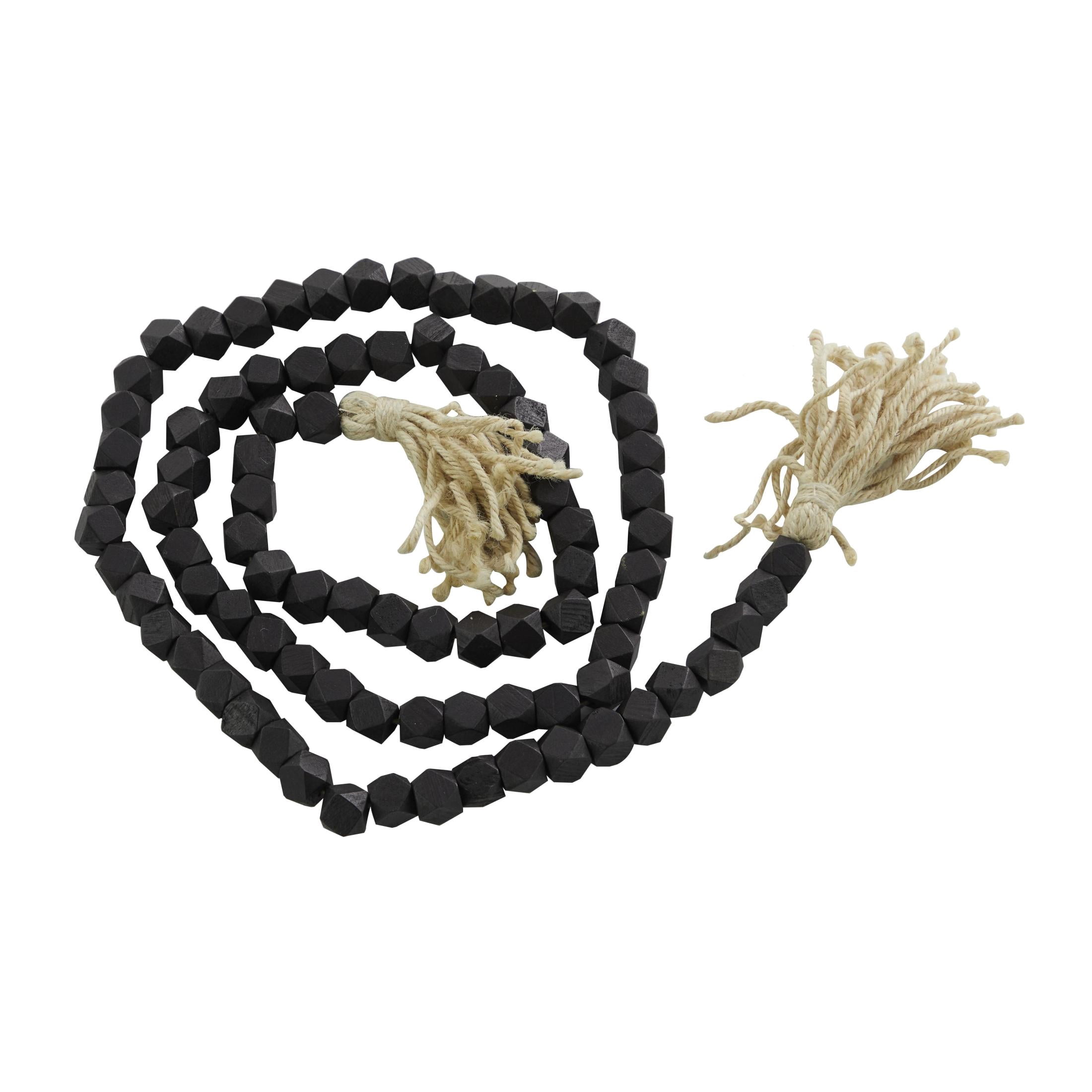DecMode Black/Gray Wood Bohemian Garland Décor with Geometric Bead Details and Cream Cotton Tassel, 81"L