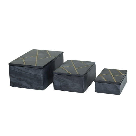 DecMode Black Marble Decorative Box with Gold Linear Lines, 3 Count