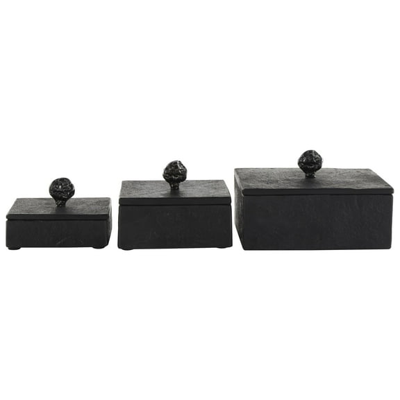 DecMode Black Marble Decorative Box with Black Knobs, 3 Count
