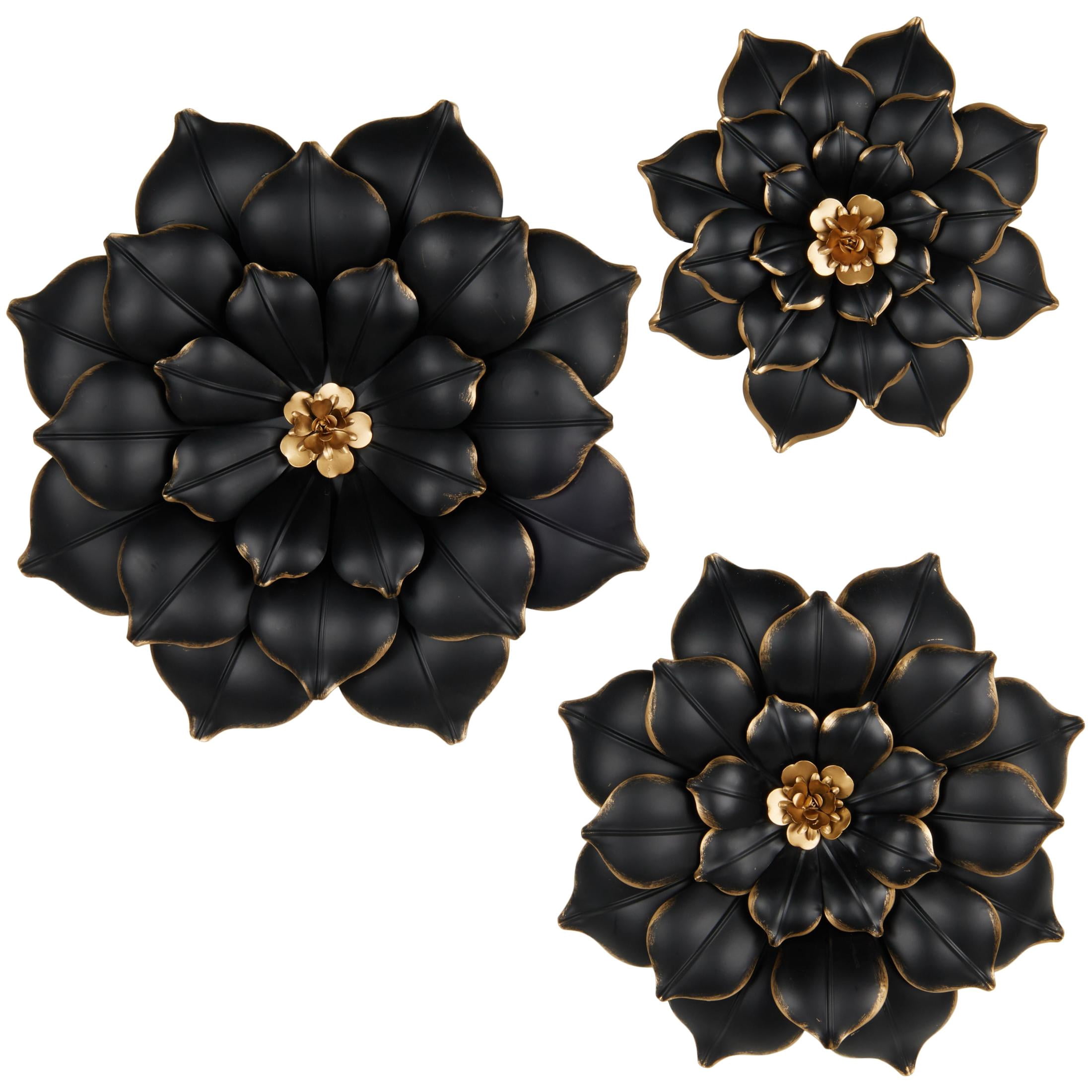 DecMode Black Metal 3D Floral Wall Decor with Gold Center (3 Count)