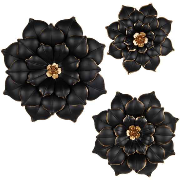 DecMode Black Metal 3D Floral Wall Decor with Gold Center (3 Count)