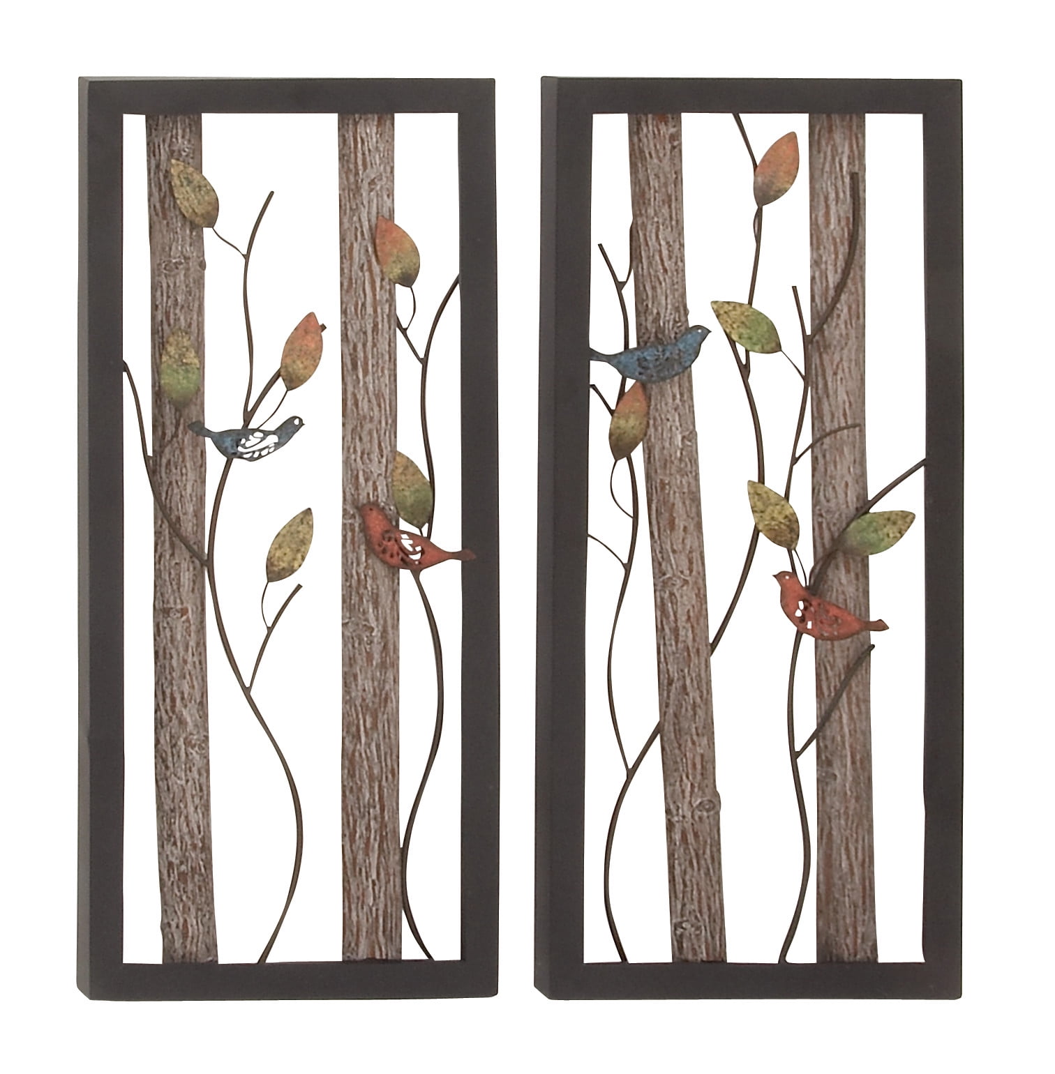 Black Metal Bird Wall Decor with Multicolored Leaves and Wood Detailing, Set of 2