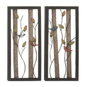 DecMode Black Metal Bird Wall Decor with Real Wood Detailing (2 Count)