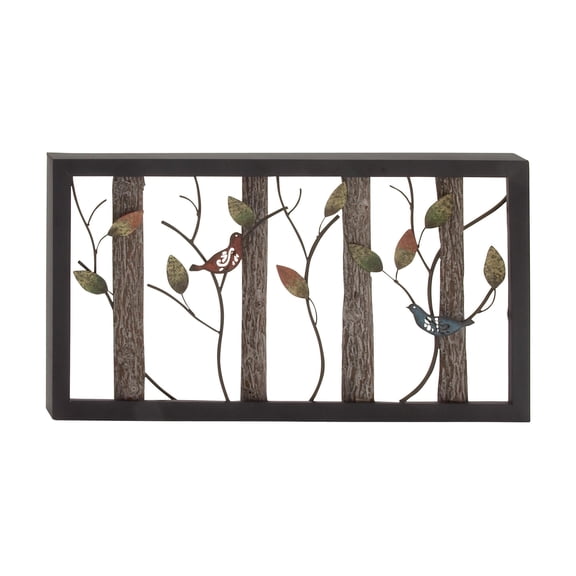 DecMode Black Metal Bird Wall Decor with Tree Branches and Colorful Leaves