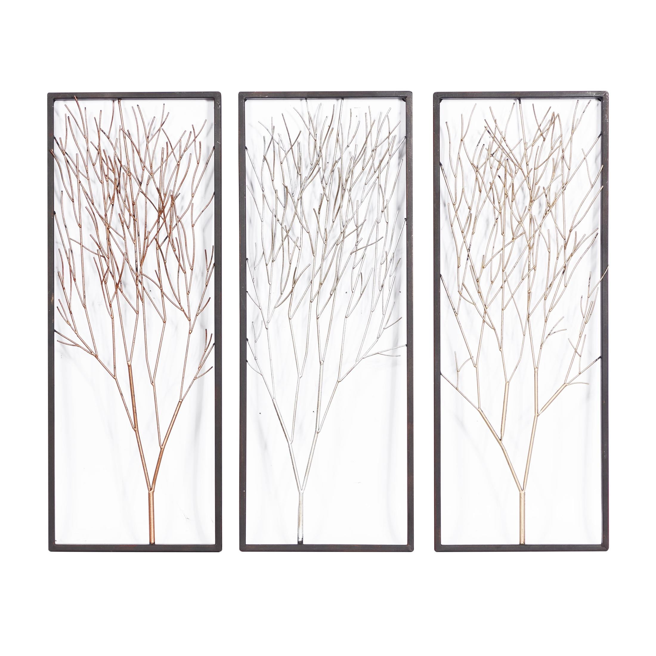 DecMode Black Metal Branch Tree Wall Decor with Metallic Copper, Silver, and Gold (3 Count)